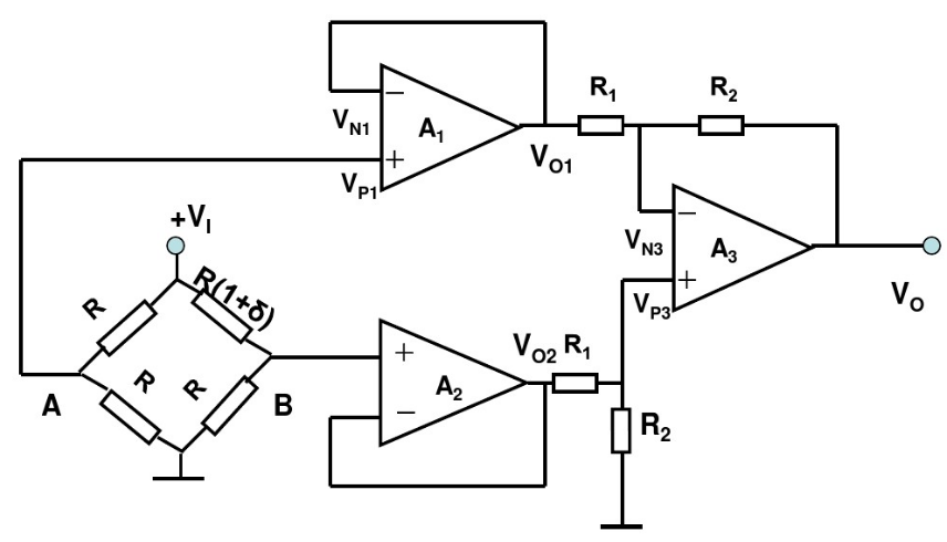 一高输入电阻的桥式放大电路如下图所示,试写出vo=f(δ)的表达式.