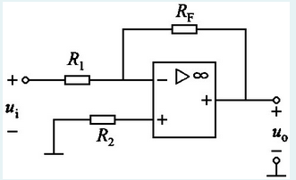 题图所示由理想运算放大器组成的运算电路中，若运算放大器所接电源为±12V，且R1=10kΩ，RF=1