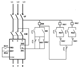 变频器正反转控制电路如图，请按要求作答：1、在图中标出控制变频器通电的按钮SB1、控制变频器断变频器