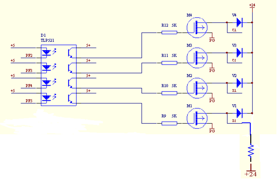 下图所示为一个电磁线圈执行器的驱动电路。试以其中一路为例说明其工作原理（按输入信号是高、低下图所示为