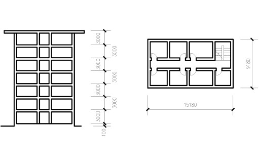 如图3所示，计算多层建筑物的建筑面积。图3多层建筑物立面和平面示意图如图3所示，计算多层建筑物的建筑