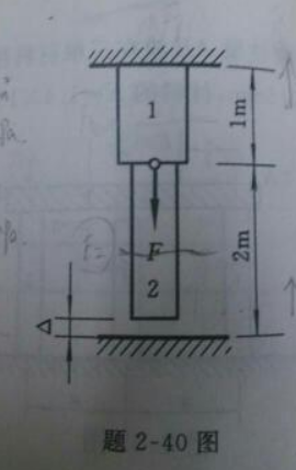 阶梯形杆上端固定,下端与地面留有空隙△0.08mm。上段是铜杆，A1=40cm2,E1=105MPa