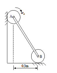 以AB杆连接两相同的轮A与B，两轮均只滚动而不滑动。已知AB= 0.5m，圆轮半径r=1m，在图示位
