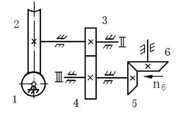 如图所示一轮系传动装置，已知输入轴上主动蜗杆1的转速为n1，输出轴上齿轮6的转速为n6，转向如图所示
