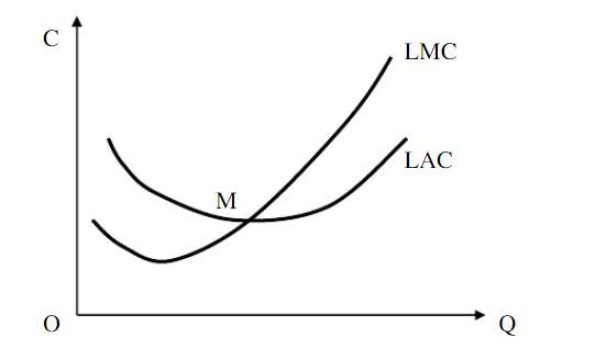 如下图所示，LMC、LAC曲线几何形状是一条“U”型曲线，即，曲线先下降，出现最小值，然后再上升。其
