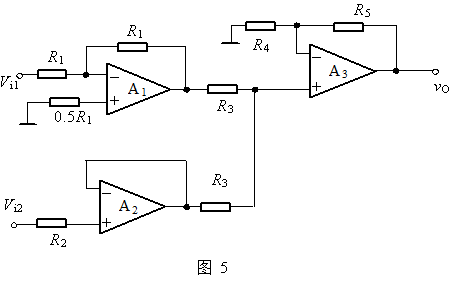 在图5运算放大电路中，求u0与uI1,uI2的关系表达式。