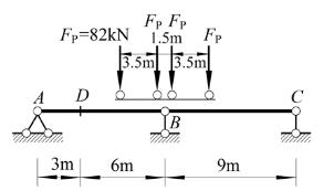 求图示梁在两台吊车荷载（轮压均为FP=82kN)作用下，支座B的最大反力和截面D的最大弯矩。求图示梁
