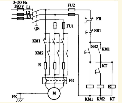 根据图示，分析：（1)为什么要进行降压起动？（2)线圈KM1电路的自锁如何实现？按钮SB1和SB2各