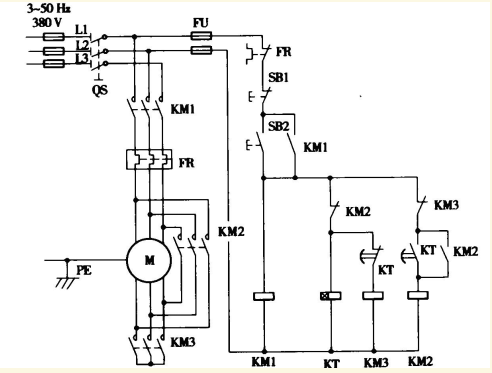图示Y-△换接起动控制线路，回答：（1)SB1、SB2各起什么作用？（2)KM1、KT各起什么作用？