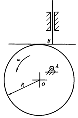 已知如图所示的直动平底推杆盘形凸轮机构，凸轮为R=30mm的偏心圆盘，AO=20mm，试求：1)基圆
