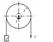图所示定滑轮2的直径为D，虚线圆为转动副A中的摩擦圆，其半径为ρ，F为驱动力，垂直向下。若不计绳与轮