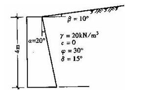 某挡土墙高4m，墙背倾斜角α=20°，填土面倾角β=10°，填土重度c=2，φ=30°，γ=10kN
