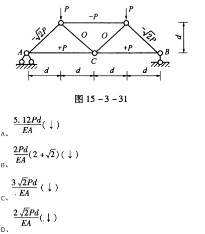 设各杆的EA值相同,在图15-3-31所示的桁架中,节点C的竖向位移为（)。请帮忙给出正确答案和分析