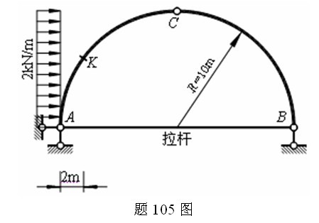 求题105图所示带拉杆的半圆三铰拱截面K的内力。