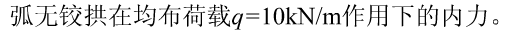 求如图所示等截面圆弧无铰拱在均布竖向荷载q=10kN／m作用下的内力。设跨度l=10m，矢高f=2.