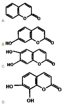 下列香豆素化合物在紫外光下显较强荧光的是（)。  A．  B．  C．  D．下列香豆素化合物在紫外