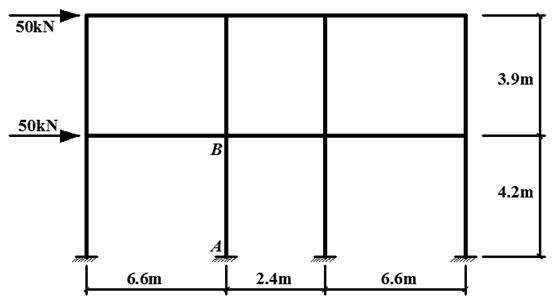 某两层三跨框架的计算简图如图所示。各柱线刚度均为 1.0×104kN·m，边柱侧移刚度修正系数为 0