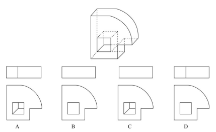 下边为给定立体图形的俯视图和主视图的一组是：（)。A. AB. BC. CD. D下边为给定立体图形