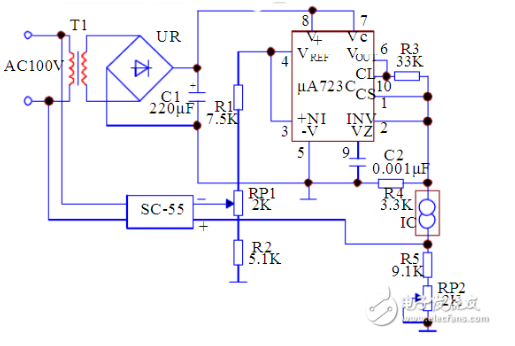 用集成温度传感器AD590组成的测温电路的原理图如下图所示。已知：传感器所处的温度分别为T1、T2和