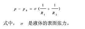 如图所示，设液面上某点的两个主曲率半径分别为r1和r2，试推导液体的压强p与液面上方大气压强p0的差