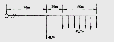试选择图9－23所示额定电压220V时照明线BLV型铝芯塑料线的截面。已知全线截面一致，明敷，线路长