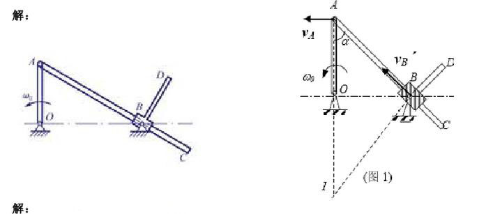 图（a)所示平面机构中，曲柄OA以匀角速度ω0=2rad／s绕O轴转动，带动杆AC在套筒B内滑动，套