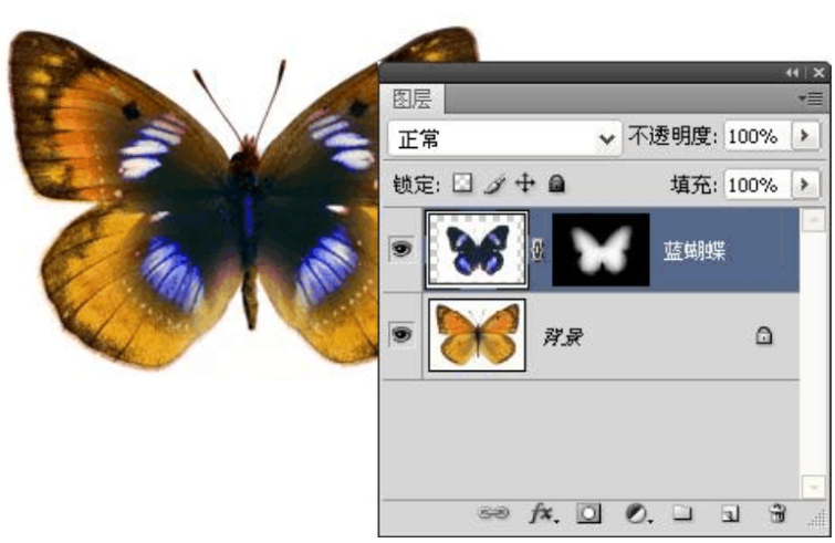 如图所示，“蓝蝴蝶”图层使用蒙版制作出图像合成效果，则下列说法正确的是()。