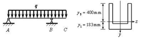 槽形截面梁尺寸及受力图如图所示，AB=3m，BC=1m，z轴为截面形心轴，Iz=1.73×10^8m