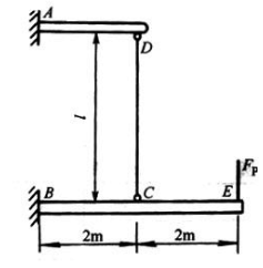 图示悬臂梁AD和BE的抗弯刚度同为EI=24×10^6N·m²，由杆CD相连接。CD杆的长度l=5m