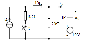 如图所示电路中，换路前电路已处于稳态，t=0时开关闭合，求uC（t)、iC（t)，并画出它们的波形。
