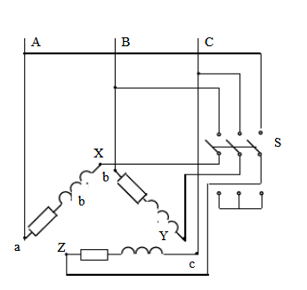图示电路中，对称三相负载各相的电阻为80Ω，感抗为60Ω，电源的线电压为380V。当开关S投向上方时