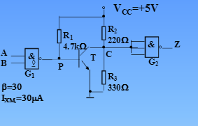 在图4所示的电路中，门G1是TTL集电极开路与非门，饱和时输出VO=0.3V；门G2是普通TTL与非