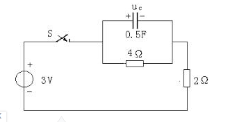 如图所示电路，已知uC（0－)=0，t=0时开关闭合，求t≥0时的电压uC（t)和电流iC（t)。如