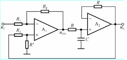 在下图所示电路中，已知R1=R=R'=R2=RF=100kΩ，C=1μF。在下图所示电路中，已知R1