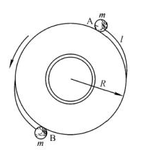 为使运行中飞船停止绕其中心轴转动，一种可能方案是将质量均为m的两质点A、B用长为l的两根轻线系于圆盘