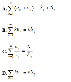 若级数与分别收敛于S1与S2，则（)式必然成立．  A．  B．  C．  D．若级数分别收敛于S1