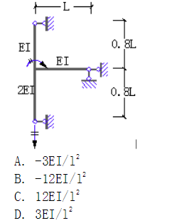 图示结构，位移法典型方程中的系数k12等于：（)。  A． B． C． D．图示结构，位移法典型方程