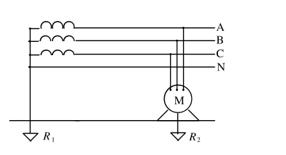 在图所示的38022V供电系统中，电机M错误地采用了保护接地，已知两接地电阻R1和R2相等，导线和地