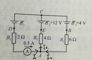 在图所示的电路中，求电池1的电动势ε1。其中电池2、3的电动势和各电阻均已知，安培计的读数为0.5A