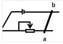 如图所示，金属棒ab可沿导轨在磁场中平移，要使电容器C的下板带正电，上板带负电，则ab应向_____
