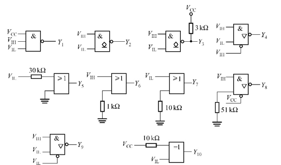 试确定图题3－ 24所示74LS门电路的输出状态（设电源Vcc为5V)。图题3－24试确定图题3- 