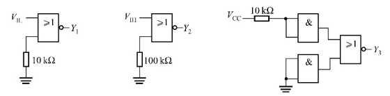 试确定图题 3－25所示74HC门电路的输出状态（设电源Vcc为5 V)。图题3－25试确定图题 3