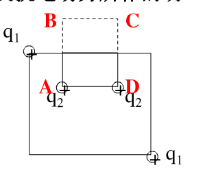 一边长为4d和3d的长方形的对角上放置电荷量为q1=4uc的两个点电荷，在边长为2d和d的较小长方形