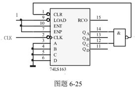 图题6－25所示为具有同步清除功能的同步四位二进制加法计数器74LS163组成的计数器电路，试说明图