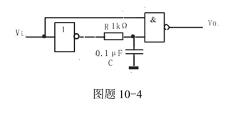 CMOS 门组成的积分型单稳态触发器如图题10－4 所示。若电阻R=1kΩ，电容C=0.1μF，试计