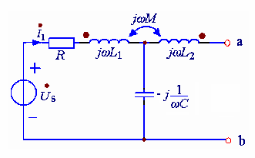对于图3.4.11所示含有耦合电感元件的电路，设ω|M|=5Ω，试求：    