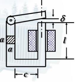 下图所示为一拍合式交流电磁铁，铁心由硅钢片叠成，铁心和衔铁的截面是正方形，每边长度a=1cm。已知励