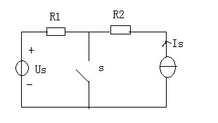 在图1.18所示电路中，已知US=6V，IS=2A，R1=R2=4Ω。求开关S断开时开关两端的电压和