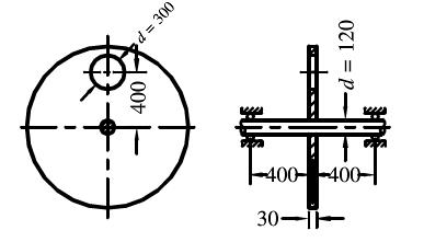 图示钢轴AB的中点联接一圆截面的钢质斜杆CD，当AB以等角速度ω=301rad／s旋转时，试求AB和