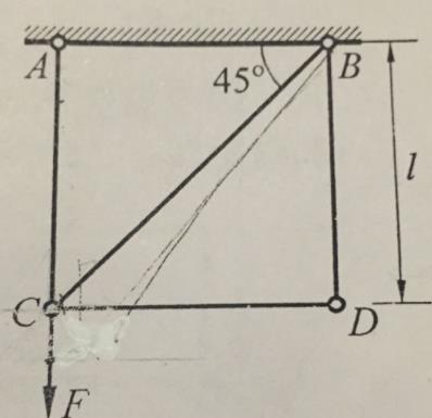 下图所示为一个桁架，各杆EA=常量，结点D的水平位移为：   A．向左    B．向右    C．零